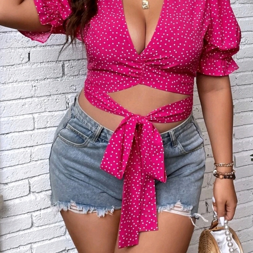 Polka Dot Puff Sleeve Front Knot Crop Top Hot Pink Plus 0XL NWOT - Picture 3 of 5